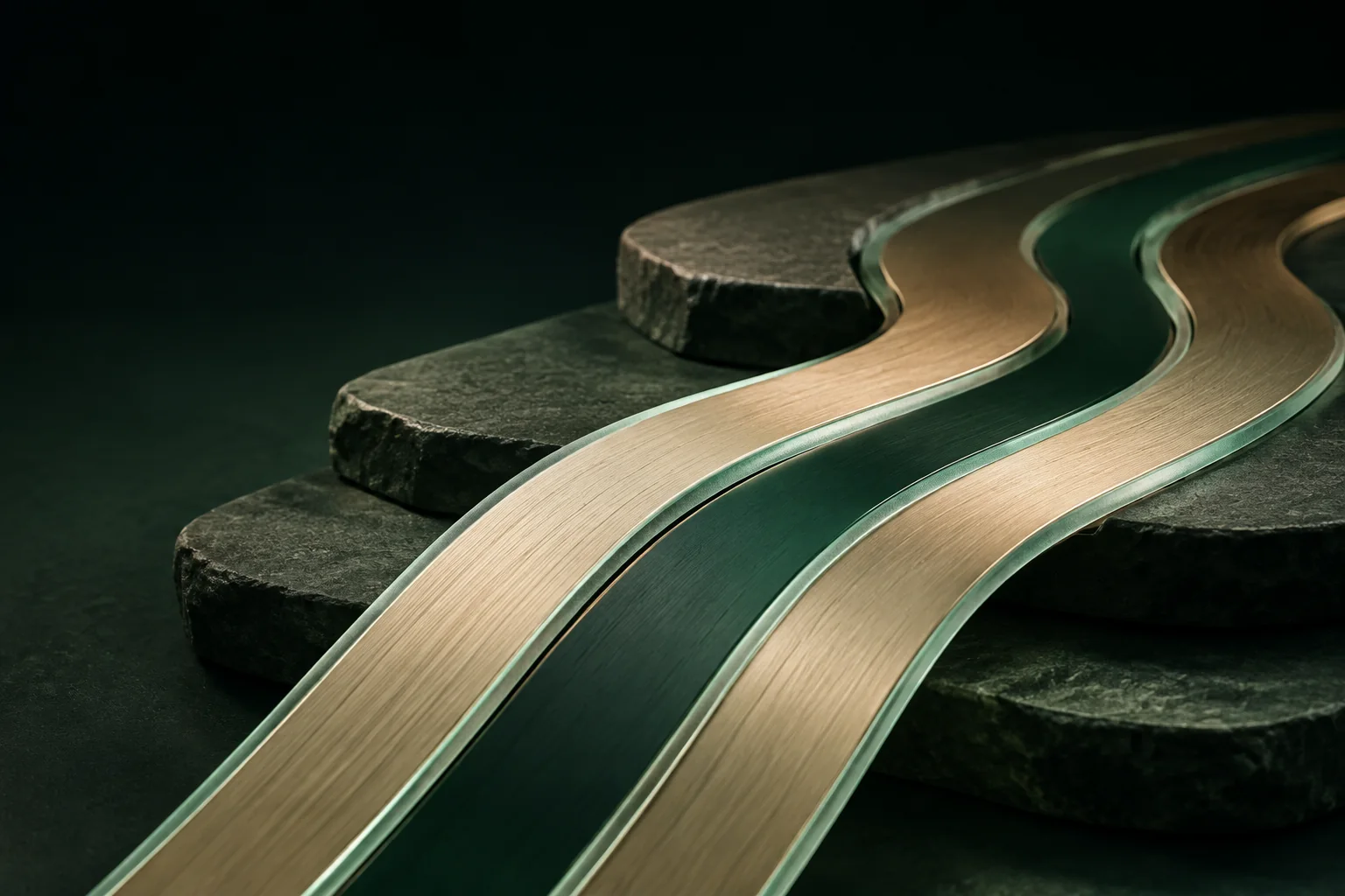 Three emerald and gold channels connecting sculptural stone platforms